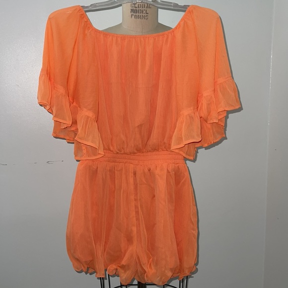 Vici 🍊Endless Rose Definitely Demure Orange Off the Shoulder Romper Sz XS - NWT - Picture 3 of 6